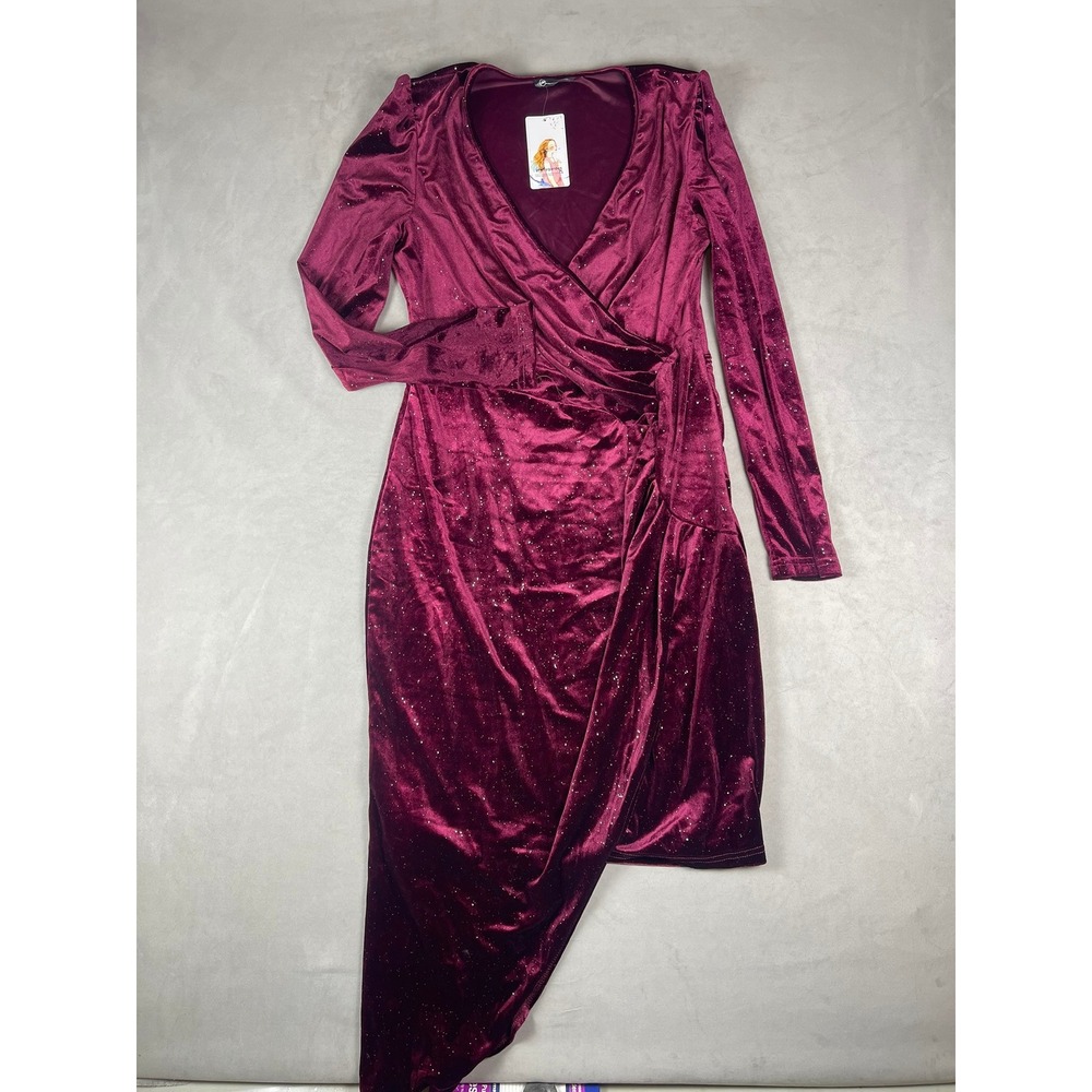 PrettyGarden XL Velvet Wrap Midi Dress Burgundy Shimmer Asymmetrical Long Sleeve